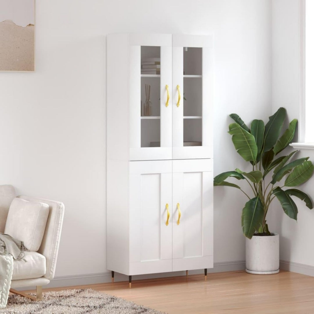 Der Hochschrank misst 69.5 x 34 x 180 cm in Weiss aus Holzwerkstoff