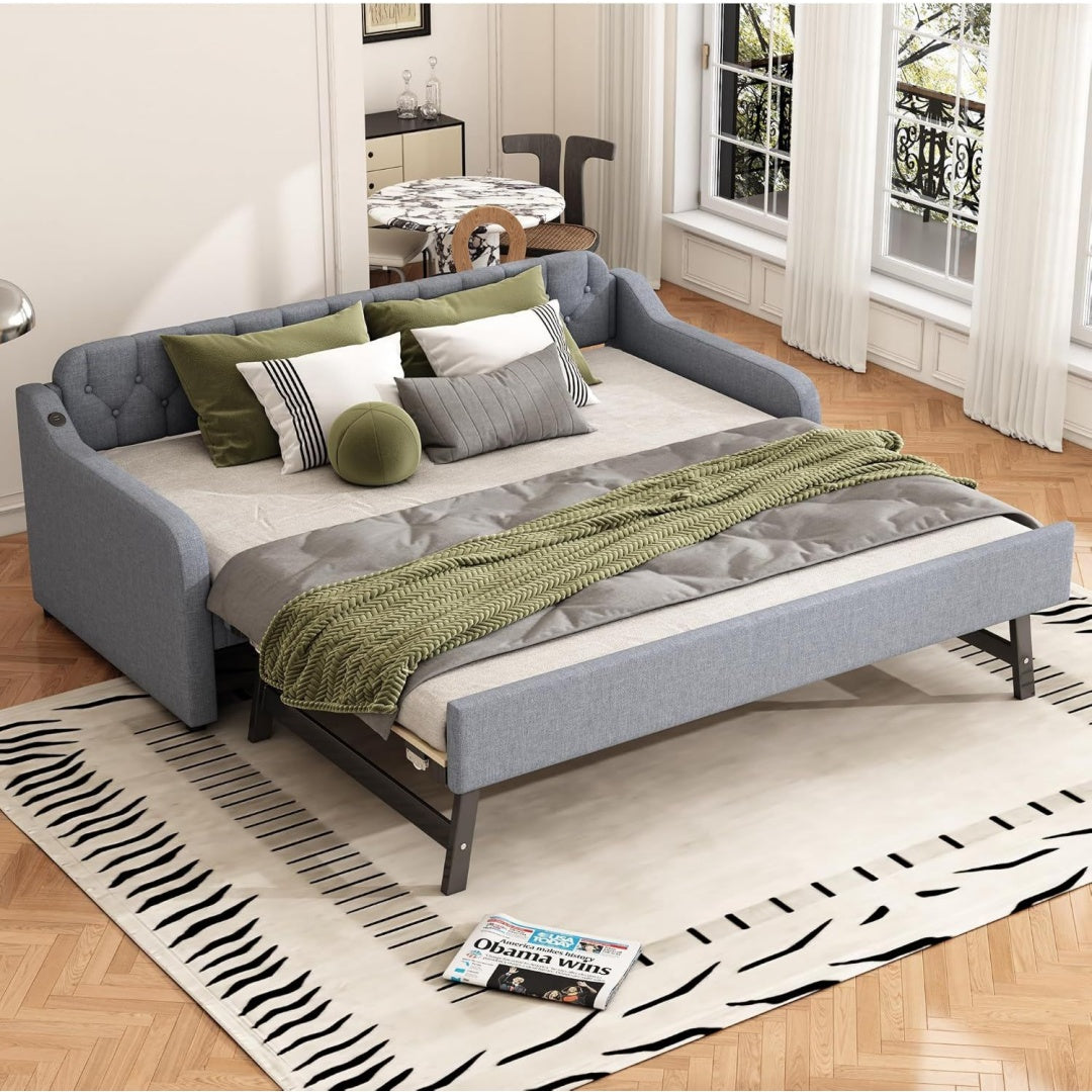 Eine ausziehbare Konstruktion an dem Bettgestell mit 90 x 200 cm