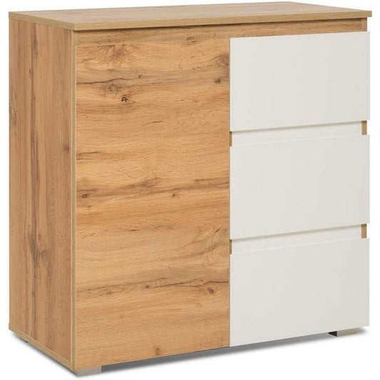 Das Sideboard setzt auf eine Farbgebung in Weiss und Eichenbraun