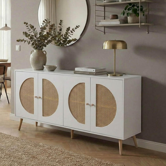 Sideboard verbindet beschichtete Flaechen und Flechtoptik