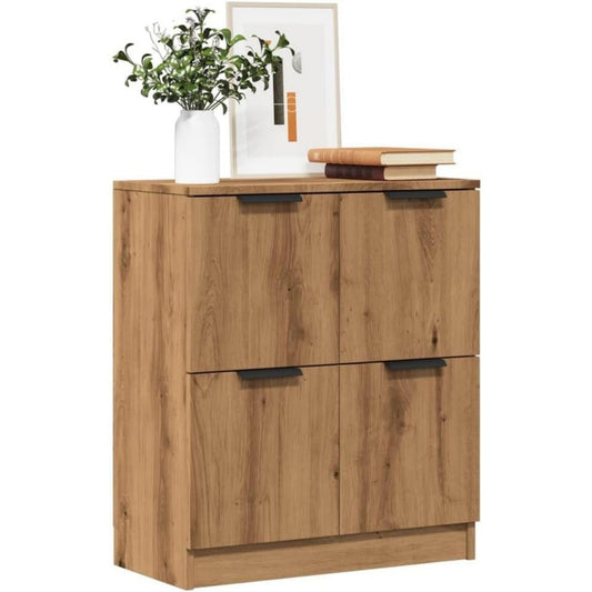 Das Sideboard misst 60 x 30 x 70 cm in Eichenbraun aus Holzwerkstoff