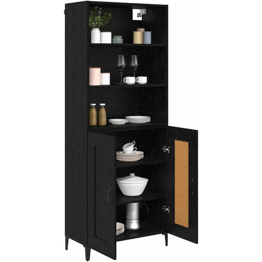 Das Sideboard setzt auf verstellbare Ablagen in Schwarz und Eichenbraun